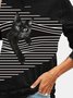 Black Cat Striped Patchwork Print Casual Blouse