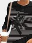 Black Cat Striped Patchwork Print Plus Size Casual Blouse