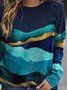 Long Sleeve  Printed  Cotton-blend  Crew Neck  Casual  Winter  Blue Top