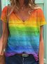 Women Casual Cotton-Blend Rainbow Color-block V Neck T-Shirt