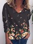 Floral  Long Sleeve  Printed  Cotton-blend  Crew Neck Casual  Spring Fall  Black Top