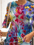 Women Colorful Flower Print Crew Neck Long Sleeves Shirt