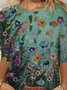 Plus Size Crew Neck Cotton-Blend Floral Vintage T-shirt