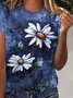 Women's Casual Crew Neck Short Sleeve Floral-Print Blue T-shirt
