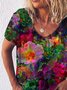 Women's Summer V-Neck Short Sleeve Floral-Print T-Shirts