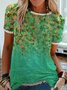 Floral  Short Sleeve  Printed  Cotton-blend  Crew Neck  Casual  Summer Green Top