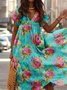 Cotton-Blend Short Sleeve V Neck Floral Weaving Dress