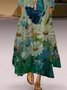Casual Floral-print Cotton-Blend 3/4 Sleeve Weaving Dress
