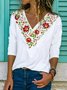 Floral  Half Sleeve  Printed  Cotton-blend  V neck  Vintage  Summer  White Top