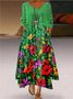 Women Summer Casual Printed Floral Green Maxi  Weaving Dress