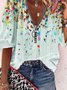 Geometric  Half Sleeve  Printed  Polyester  V neck  Casual  Summer  White Top