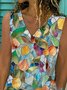 Geometric Sleeveless  Printed  Cotton-blend   V neck  Vintage  Summer  Multicolor Top