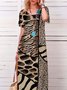 Leopard  Short Sleeve  Printed  Polyester  Crew Neck  Vintage  Summer  Brown Dress