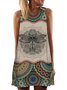 Vintage Geometric Dragonfly Printed Color-block Plus Size Sleeveless Crew Neck Casual Knitting Dress