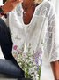 Floral-Print Casual V Neck 3/4 Sleeve T-shirt