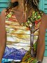 Leaves Sleeveless  Printed Cotton-blend  V neck  Vintage  Summer  Yellow Top