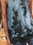 Floral  Sleeveless  Printed Cotton-blend  Crew Neck  Vintage  Summer  Blue Top