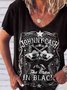 Black Printed V Neck Casual Short Sleeve Shift T-shirt