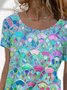 Paisley  Short Sleeve  Printed  Cotton-blend Crew Neck  Vintage  Summer  Blue Top