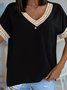 Vintage Plain Short Sleeve V Neck Hollow Out Lace Splicing Casual Tops