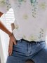 Floral  Short Sleeve  Printed  Cotton-blend  Crew Neck  Casual  Summer  White Top