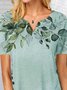 Plants  Short Sleeve  Printed  Cotton-blend  V neck Casual  Summer  Gray Top
