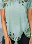 Plants  Short Sleeve  Printed  Cotton-blend  V neck Casual  Summer  Gray Top