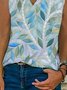Leaves  Sleeveless  Printed  Cotton-blend  V neck  Casual  Summer Blue Top