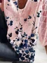 Floral-Print 3/4 Sleeve Casual Cotton-Blend Tops