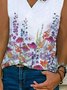 Floral  Sleeveless  Printed  Cotton-blend  V neck  Casual   Summer  White Top