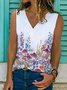 Floral  Sleeveless  Printed  Cotton-blend  V neck  Casual   Summer  White Top