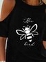 Animal  Short Sleeve Printed  Cotton-blend Off Shoulder Cold Shoulder  Casual  Summer  Black Top