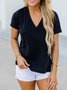 Cotton-Blend Casual V Neck Solid T-shirt