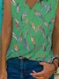 Leaves Sleeveless  Printed  Cotton-blend  V neck Holiday Summer Green Top