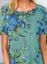 Floral Short Sleeve Printed Cotton-blend  Crew Neck  Holiday Summer Blue Top