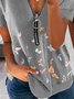 Vintage Short Sleeve Zipper V Neck Butterflies Printed Casual Top