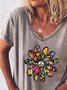 Khaki Floral-Print Short Sleeve V Neck Shift Casual T-shirt