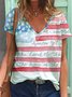 Flag Short Sleeve Printed Cotton-blend V neck Holiday Summer Multicolor Independence Day Top With America Flag