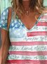 Flag Short Sleeve Printed Cotton-blend V neck Holiday Summer Multicolor Independence Day Top With America Flag