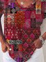 Paisley Short Sleeve Printed  Cotton-blend  V neck  Boho Summer Red Top