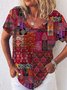 Paisley Short Sleeve Printed  Cotton-blend  V neck  Boho Summer Red Top