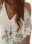 Vintage Lace Half Sleeve Floral Dragonfly Printed V Neck Casual Top