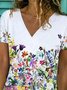 Floral  Short Sleeve  Printed  Cotton-blend  V neck  Casual  Summer  White Top