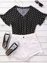 Black Casual Polka Dots Printed V Neck Short Sleeve Shift T-shirt
