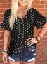Black Casual Polka Dots Printed V Neck Short Sleeve Shift T-shirt