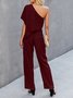 Vintage Solid Short Sleeve Off Shoulder Casual Jumpsuits