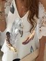 Vintage Lace Half Sleeve Feather Printed V Neck Plus Size Casual Tops
