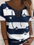 Vintage Colorblock Star Striped Printed Short Sleeve V Neck Lace-up Casual Top