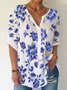 White Floral Printed Long Sleeve Casual Round Neck Shift Top