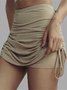Sports Solid Drawstring Pleated Stretchy Plus Size Casual Shorts